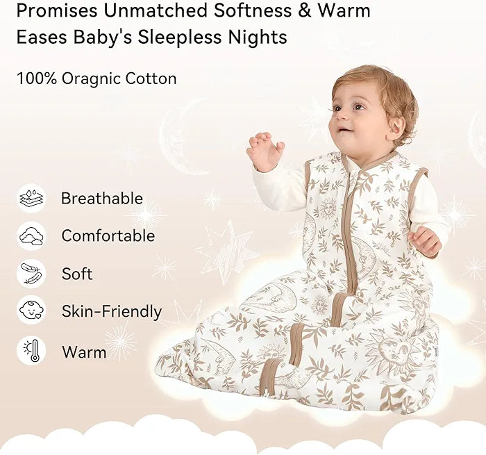 Unnivoll - Saco de dormir para bebé de 12 a 36 meses, 100 % de algodón TOG 0.5, beige liso
