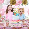 Vajilla de fiesta de cumpleaños de primer año niña, pompones, tela de fondo, 20 personas