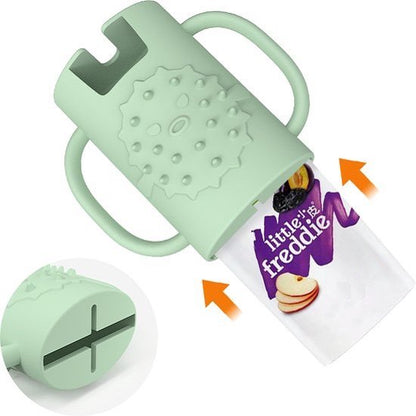 Soporte de silicona para bolsa exprimible o cartón de bebidas.