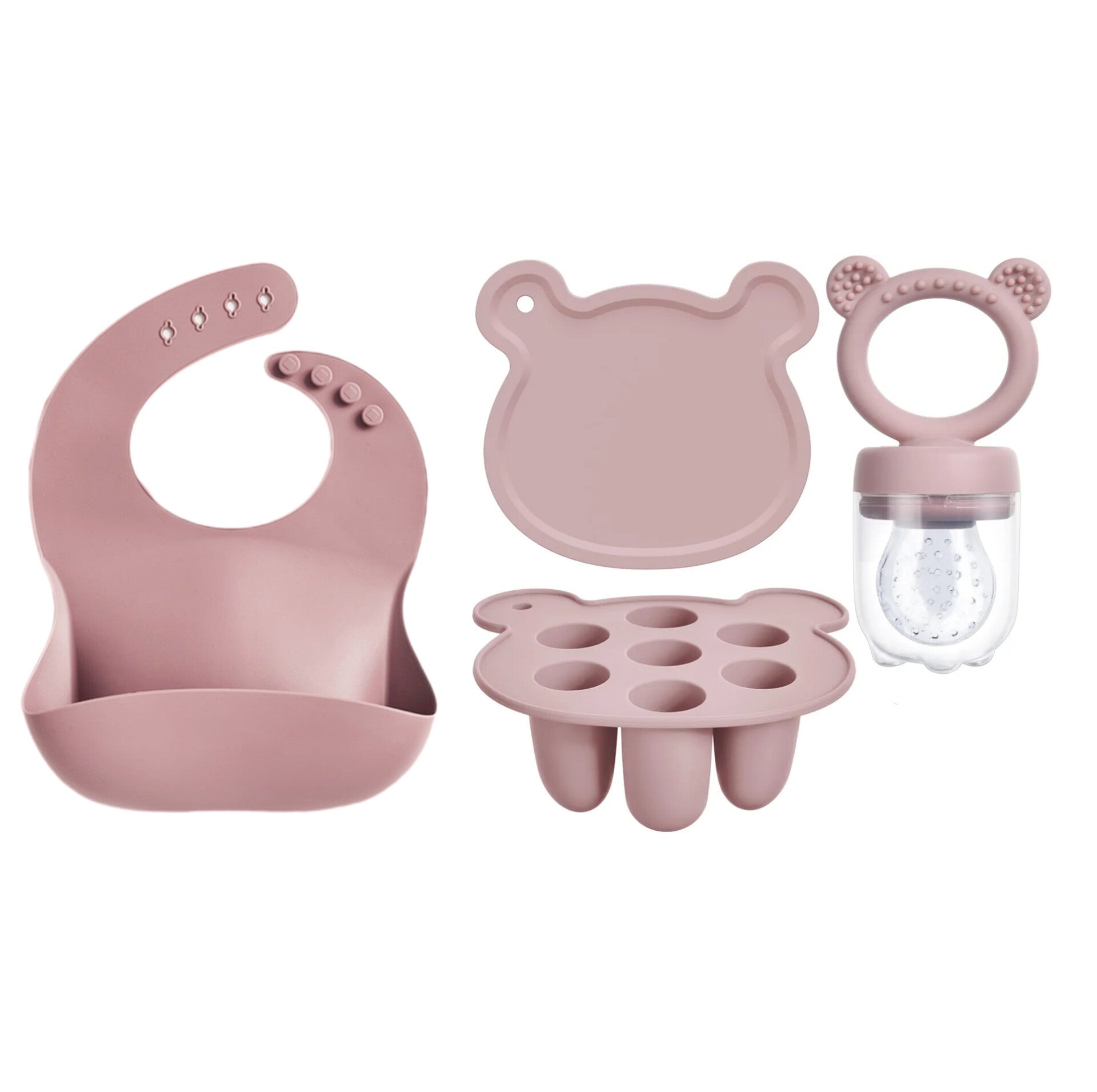 Set de silicona  para bebé (babero, molde congelador y chupete para frutas)