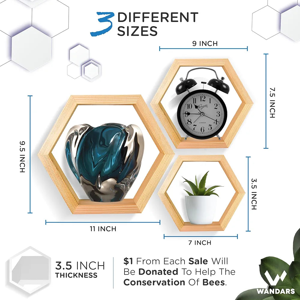 Wandars- Juego de 3 estantes hexagonales de madera de pino