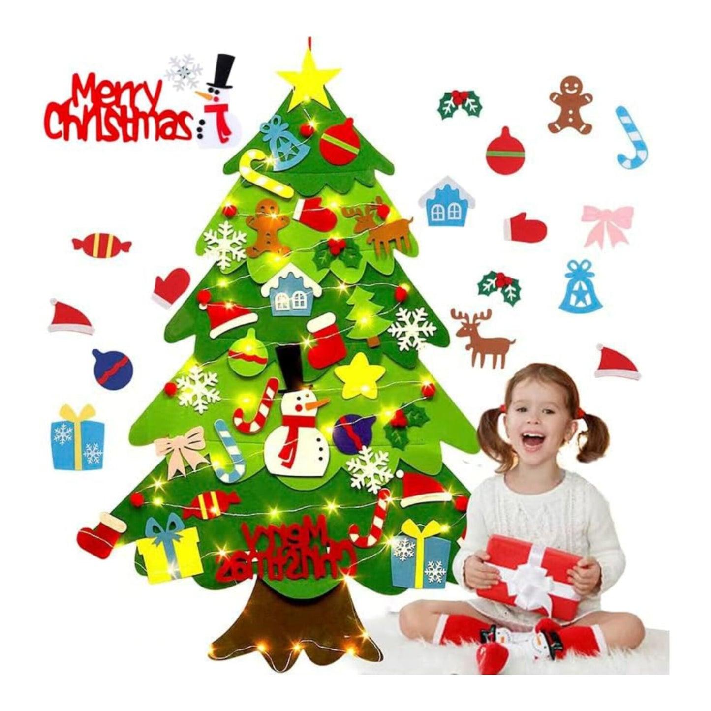 Árbol de Navidad de fieltro para niños con luces y guirnalda