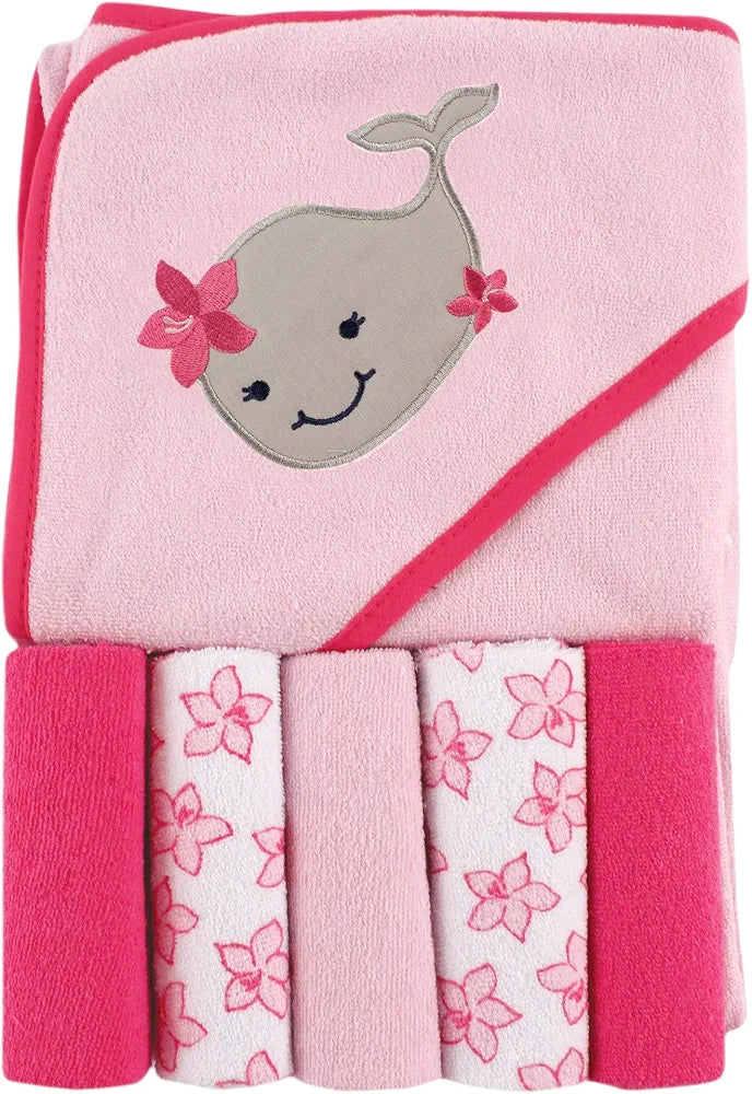 Luvable Friends- Toalla con capucha unisex para bebé con cinco paños, ballena, talla única