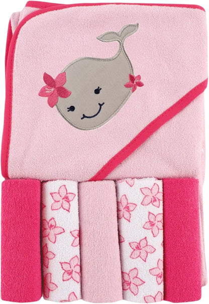 Luvable Friends- Toalla con capucha unisex para bebé con cinco paños, ballena, talla única