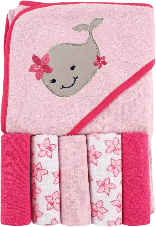Luvable Friends- Toalla con capucha unisex para bebé con cinco paños, ballena, talla única