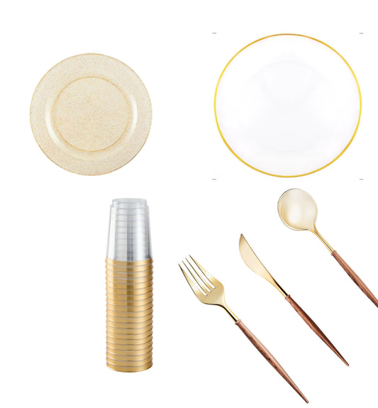 Set de vajilla navideña transparente dorada, 40 puestos