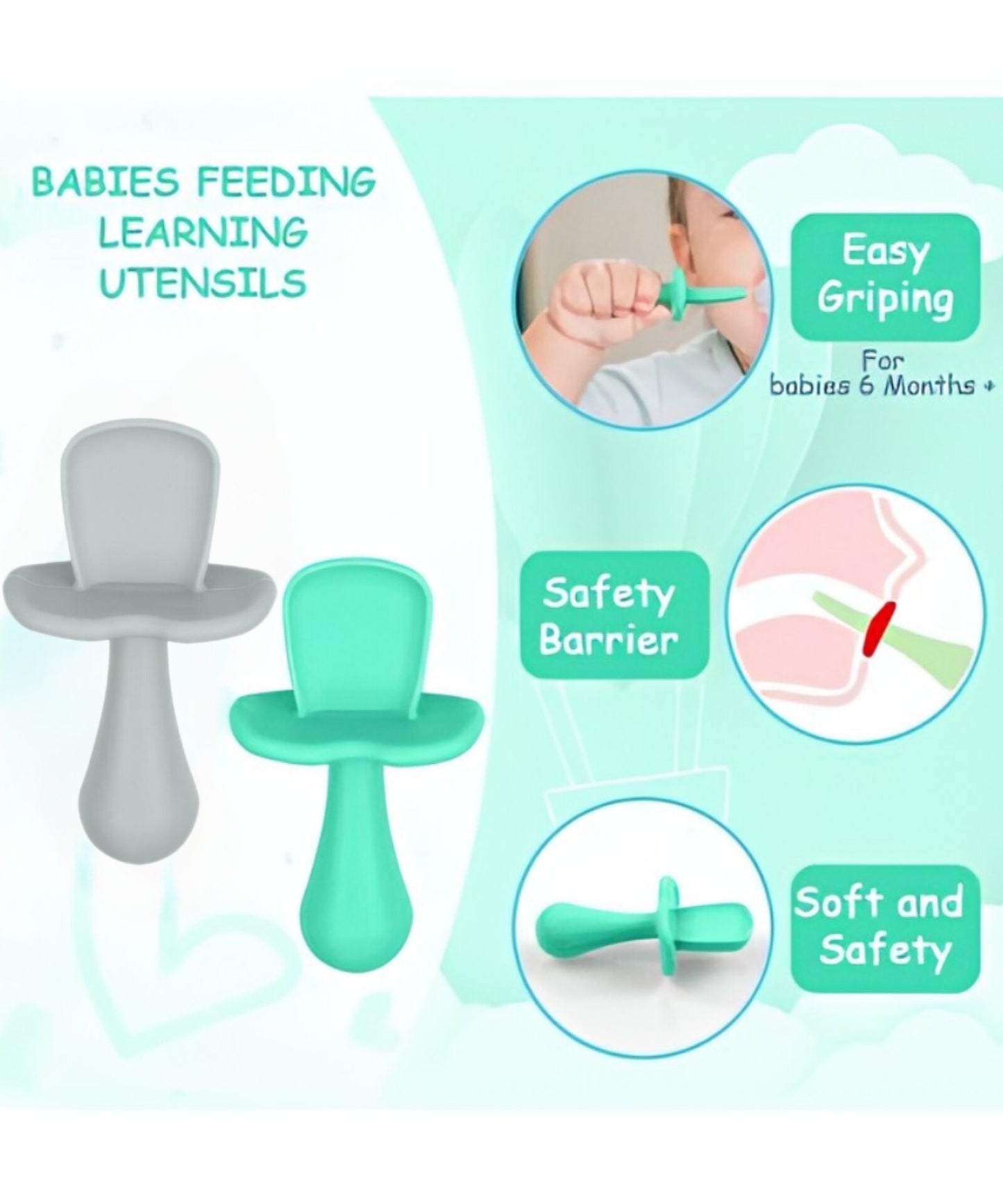 Set de 2 cucharas de silicona libre de BPA, gris y turquesa