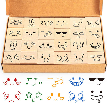 Whaline-24 piezas de sellos de goma de madera con expresiones divertidas de caras de dibujos animados