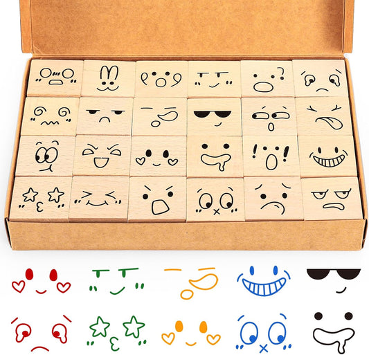 Whaline-24 piezas de sellos de goma de madera con expresiones divertidas de caras de dibujos animados