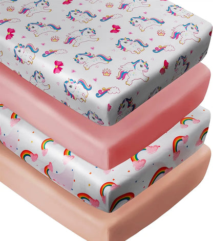 Juego de 4 sábanas ajustables rosas para cuna de bebé niña