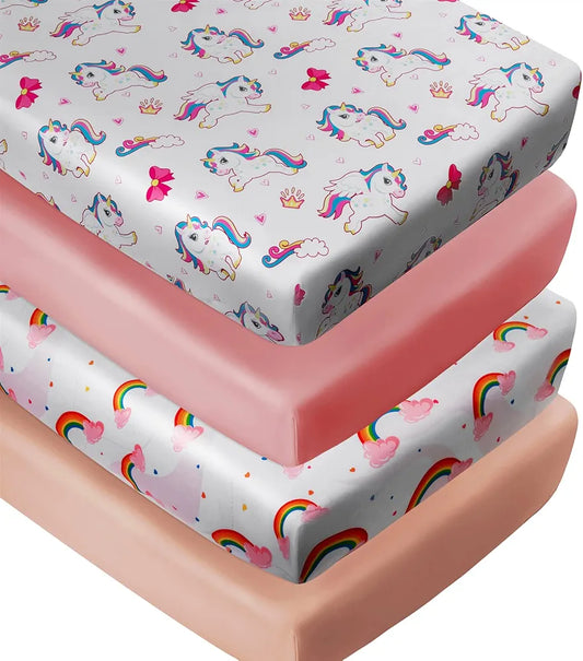 Juego de 4 sábanas ajustables rosas para cuna de bebé niña