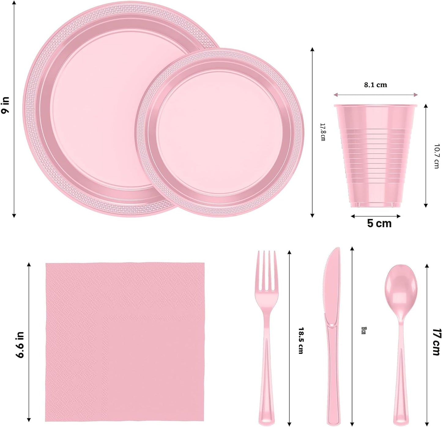50 de cada plato de cena de 9 pulgadas, plato de postre de 7 pulgadas, vasos, servilletas y cubiertos, vajilla rosa
