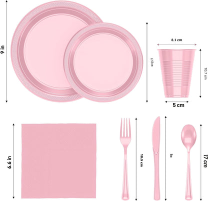 50 de cada plato de cena de 9 pulgadas, plato de postre de 7 pulgadas, vasos, servilletas y cubiertos, vajilla rosa
