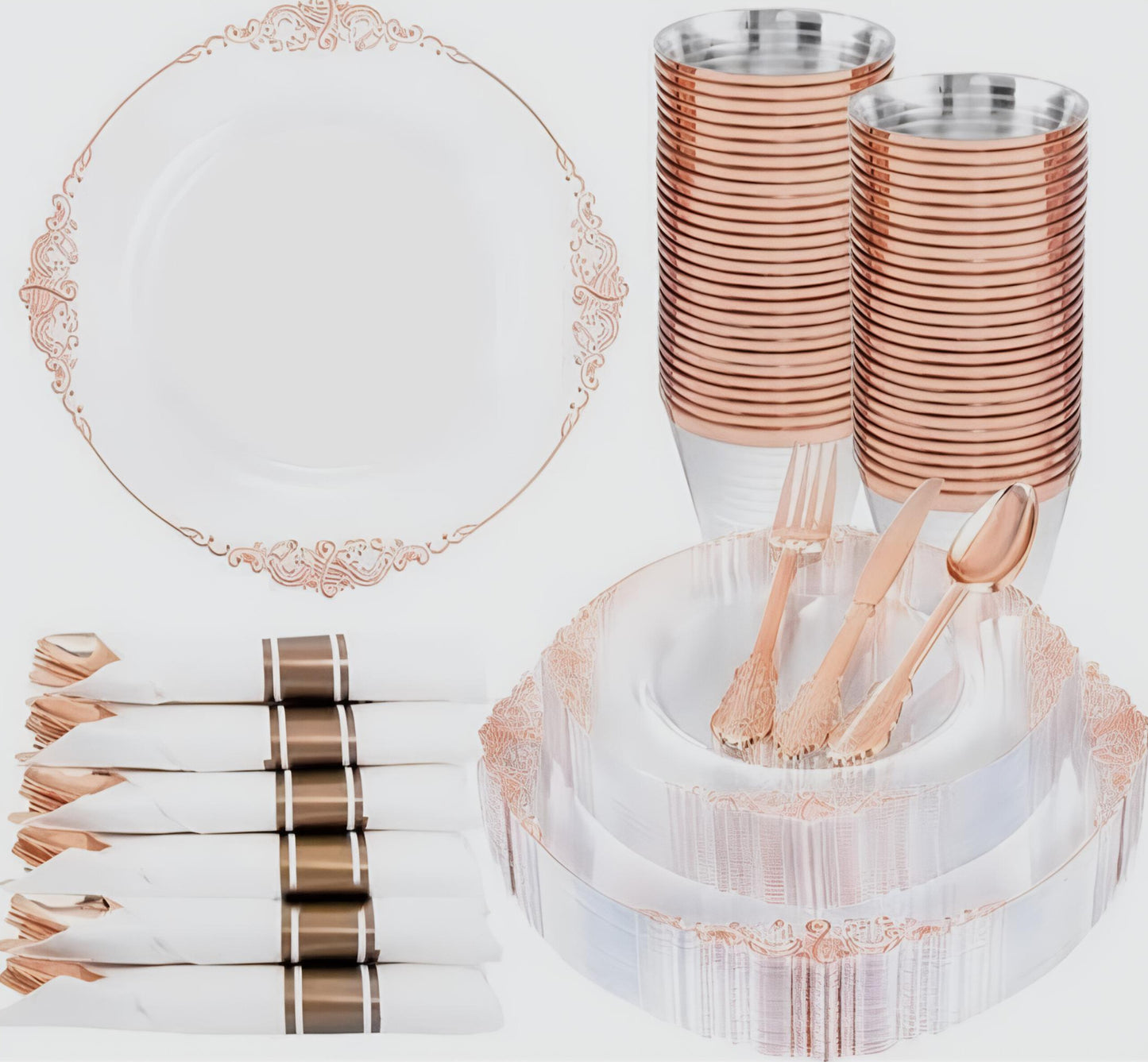 Platos de Oro Rosa Transparentes, 51 invitados