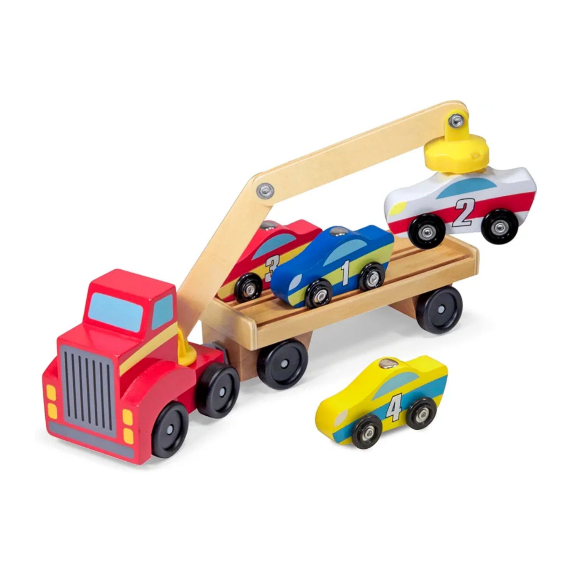 Melissa & Doug-Camión de juguete transportador de automóviles de madera