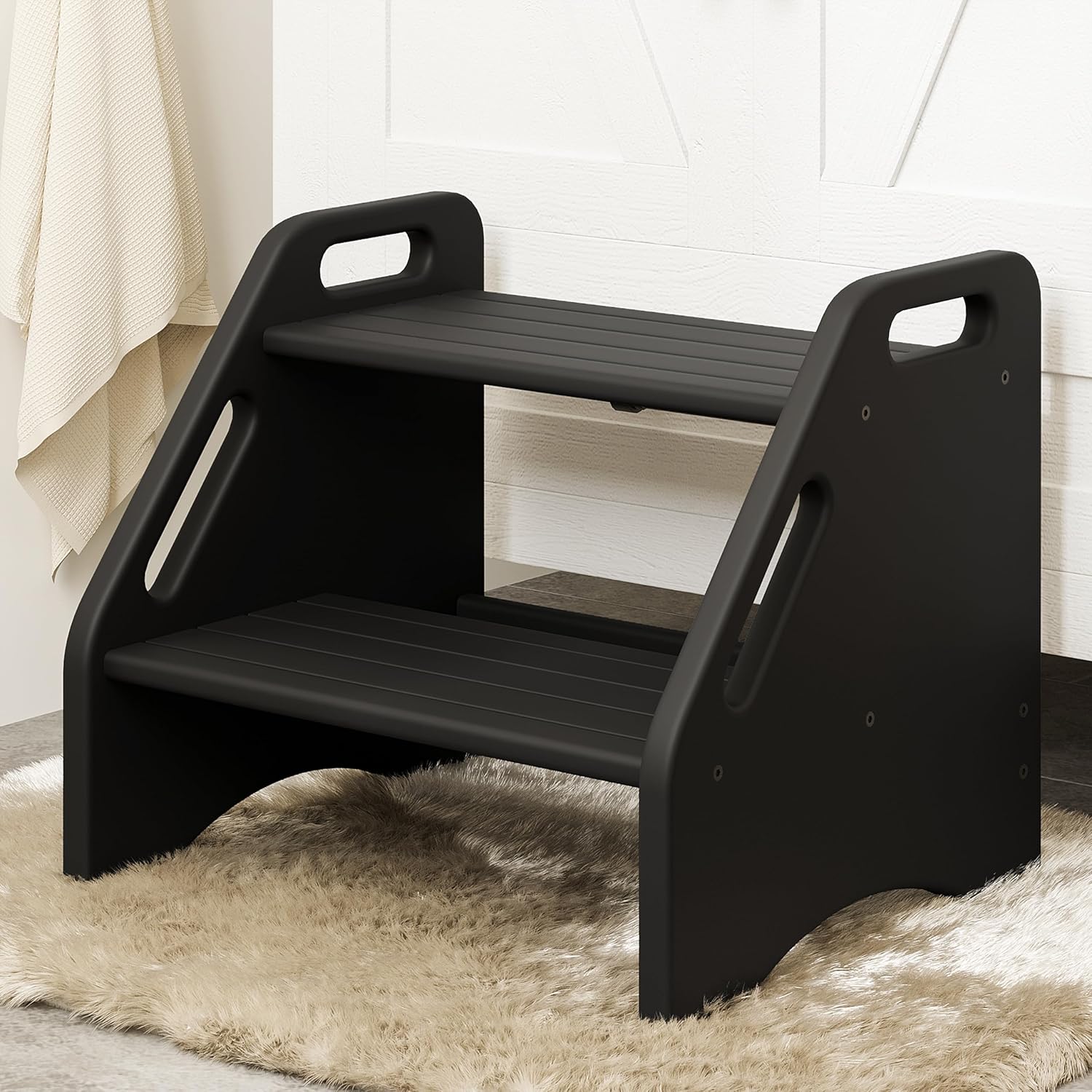 Taburete de madera, dos escalones, negro