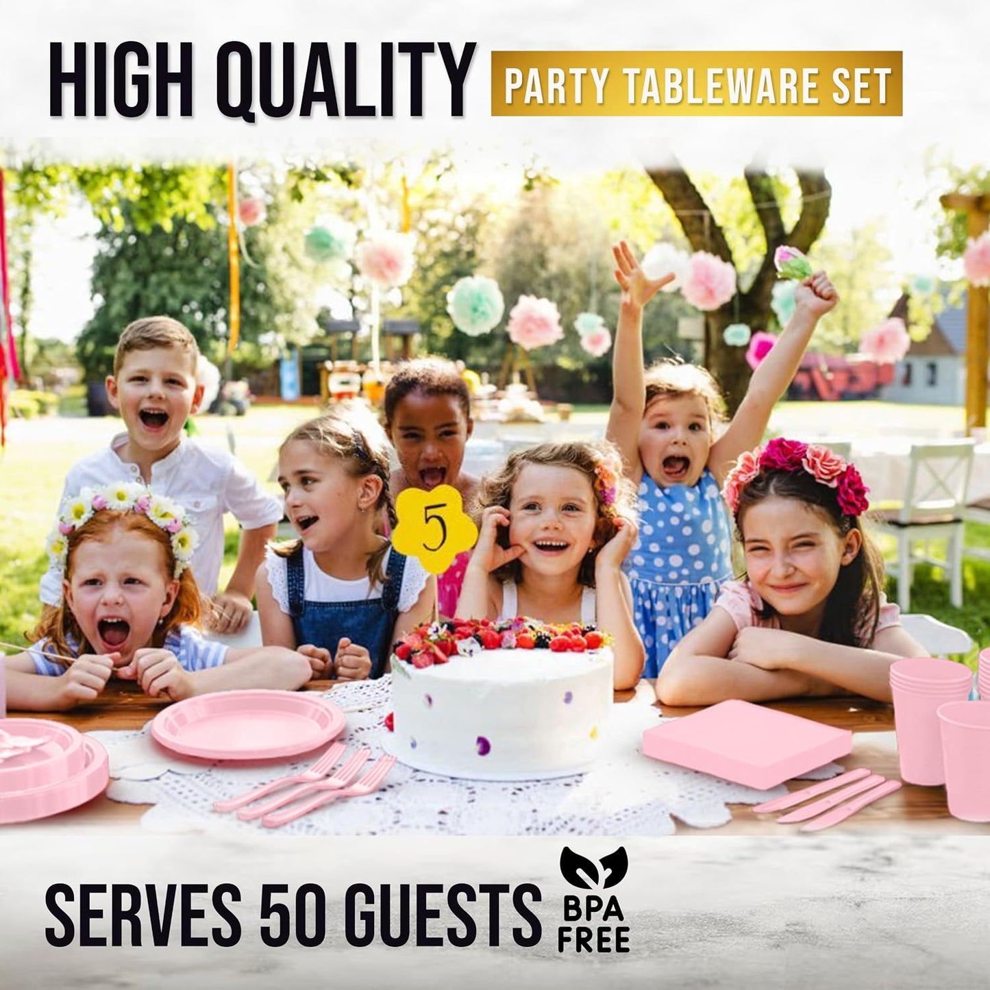 50 de cada plato de cena de 9 pulgadas, plato de postre de 7 pulgadas, vasos, servilletas y cubiertos, vajilla rosa