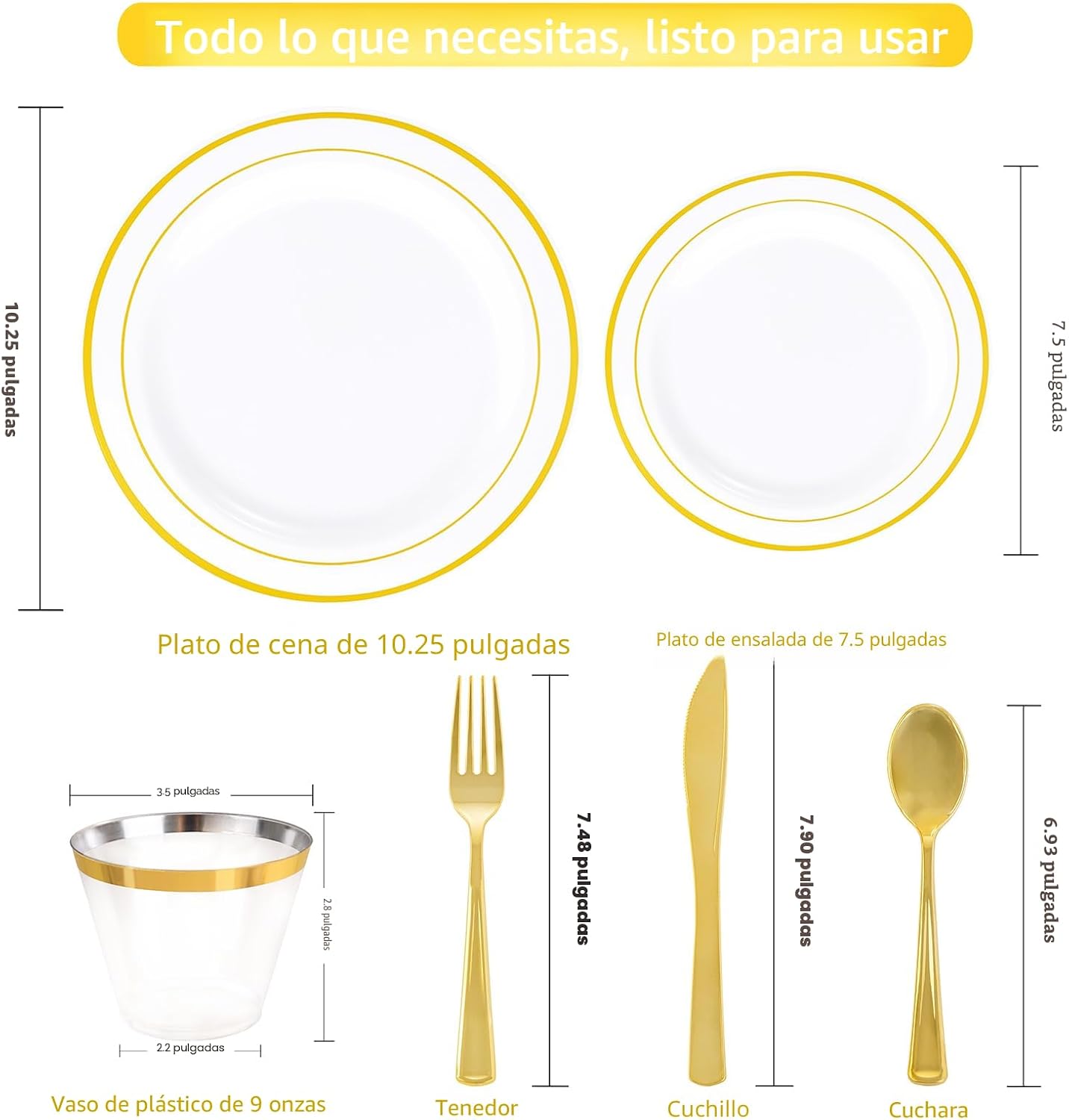 WELLIFE Juego de platos y cubiertos desechables dorados, 50 invitados