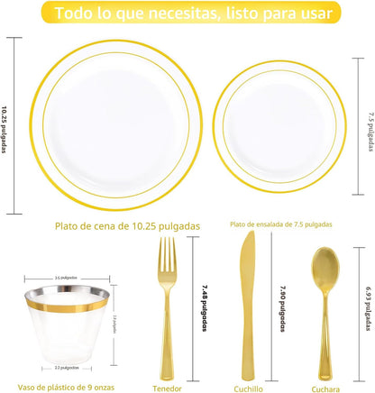 WELLIFE Juego de platos y cubiertos desechables dorados, 50 invitados