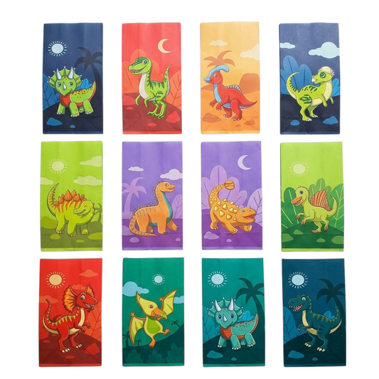 12 Bolsitas de papel Dinosaurios (incluye stickers de cierre)