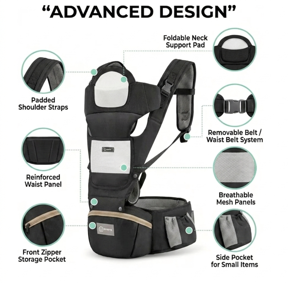Portabebés ergonómico de cadera con asiento y soporte