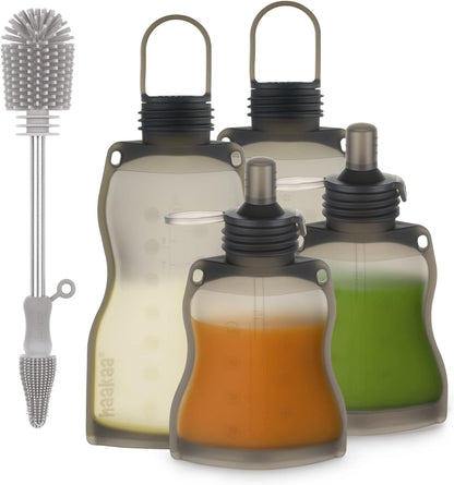 haakaa- Bolsa de almacenamiento  para alimentos de bebé y cepillo para limpieza, juego de 5 unidades, 9 y 4.5 onzas