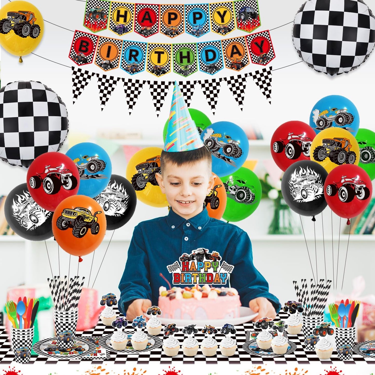 Juego de vajilla de 162 piezas para decoración de cumpleaños de Carros Monster