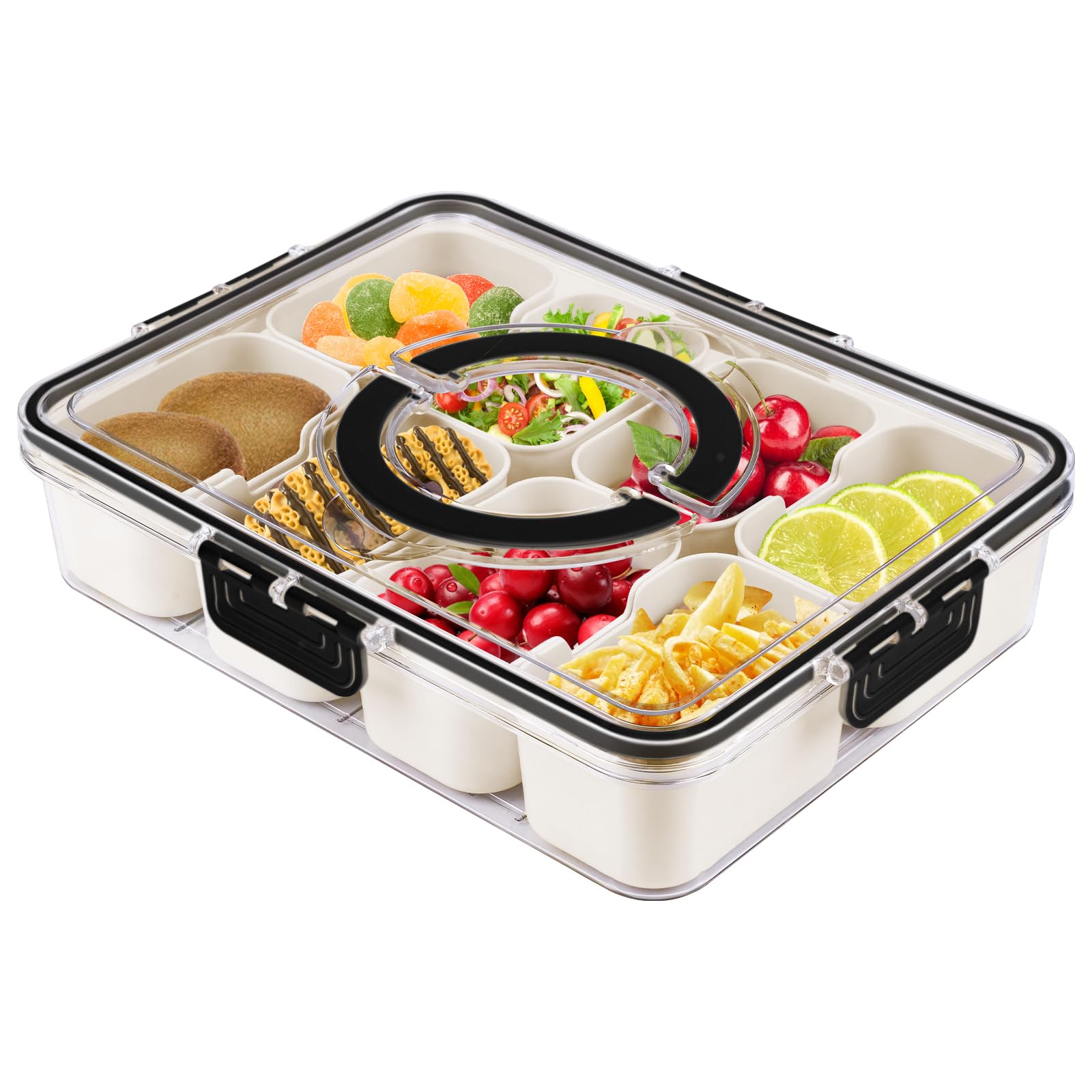 Bandeja portátil con 8 compartimentos y tapa y asa, negro
