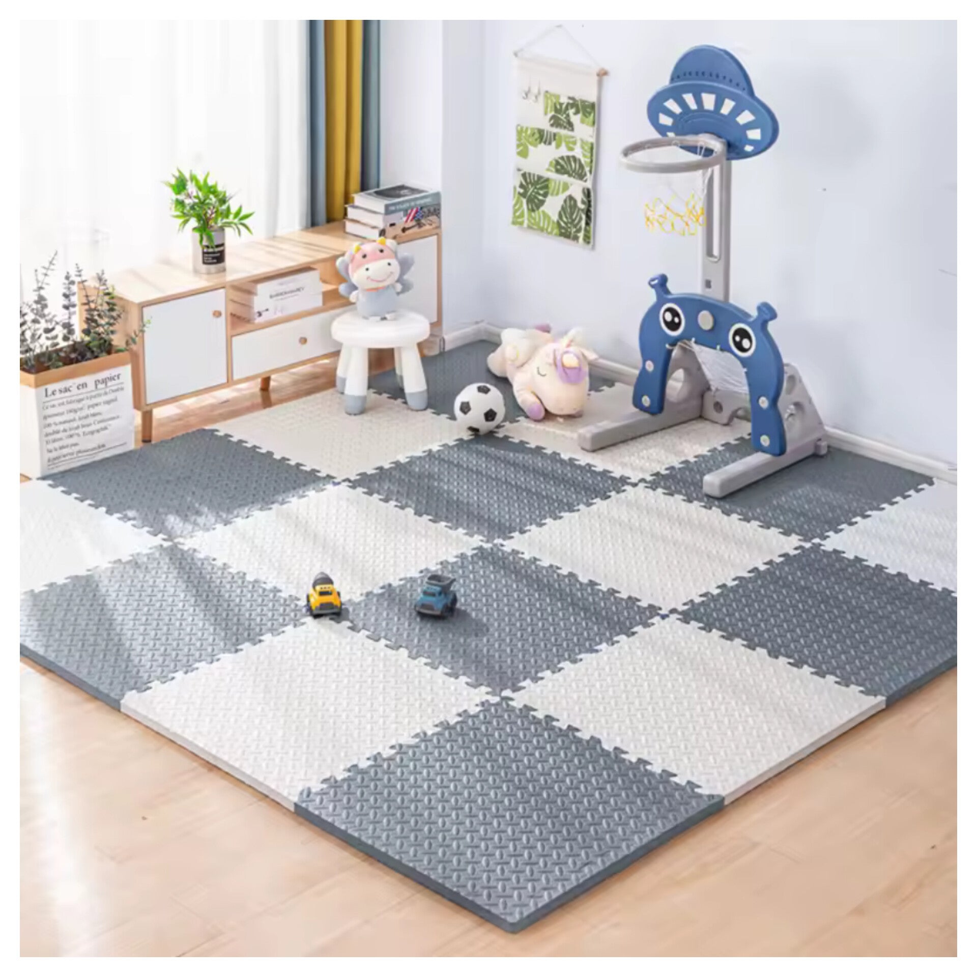 Alfombra de foamy, 16 piezas, gris y blanco, 30x30cm