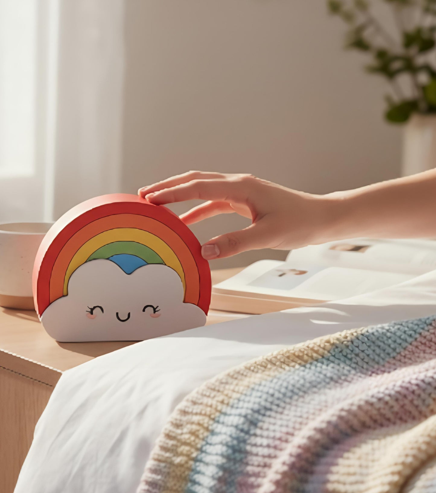Altavoz portátil recargable por USB con cara sonriente de arcoíris y nubes