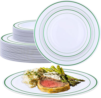 Juego de 50 platos de plástico desechables de 10.25 y 7.5 pulgadas, borde verde