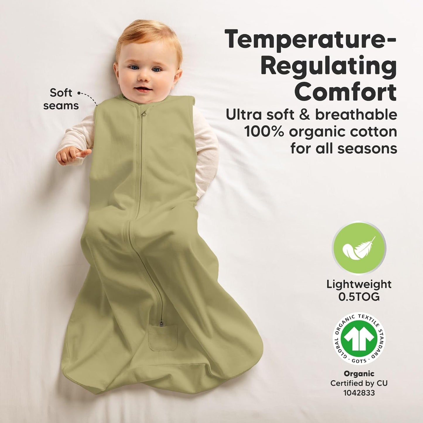 Keababies- Saco de dormir orgánico para bebé, 100% algodón, 5-15 meses, 0.5 TOG