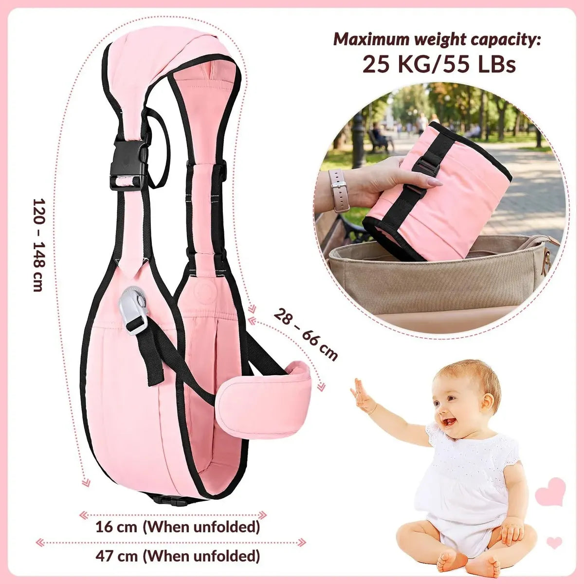Mochila Portabebés Ergonómica, 6-48 meses, 55 libras máximo, Rosa