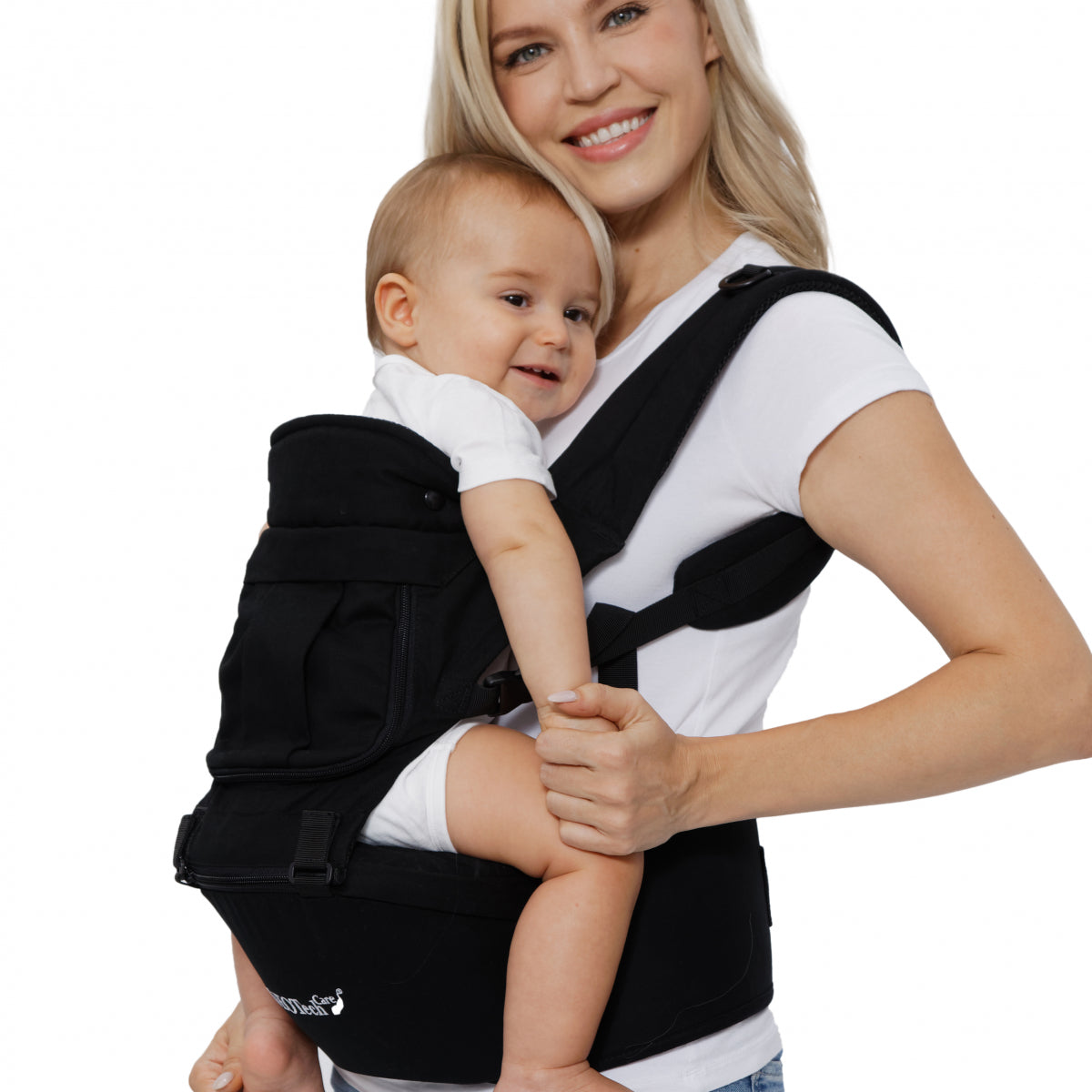 NeoTech Care- Portabebés con apoyo de cadera, negro cubierta para cabeza diseño huellitas