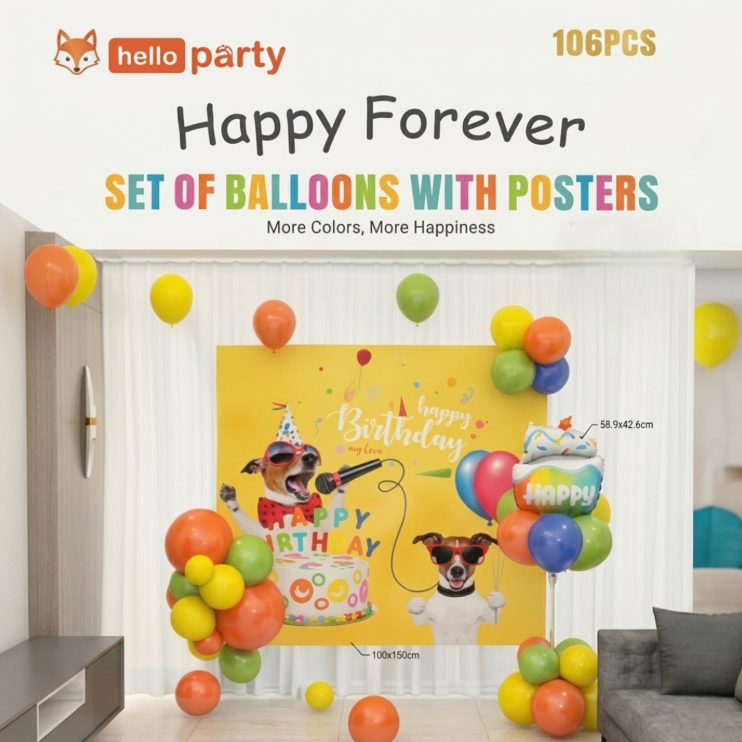Hello party - Paquete decoración de fiesta mascotas, 106 piezas
