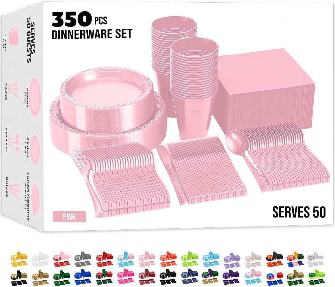 50 de cada plato de cena de 9 pulgadas, plato de postre de 7 pulgadas, vasos, servilletas y cubiertos, vajilla rosa
