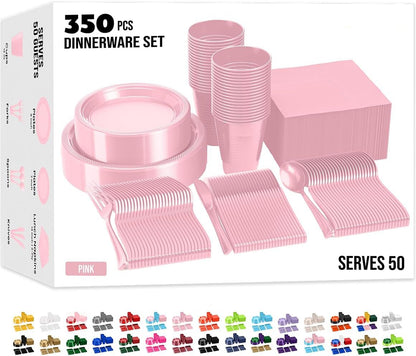 50 de cada plato de cena de 9 pulgadas, plato de postre de 7 pulgadas, vasos, servilletas y cubiertos, vajilla rosa