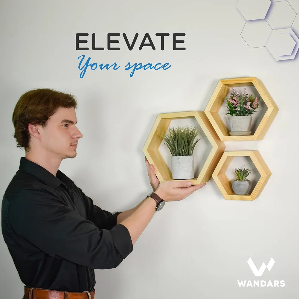 Wandars- Juego de 3 estantes hexagonales de madera de pino