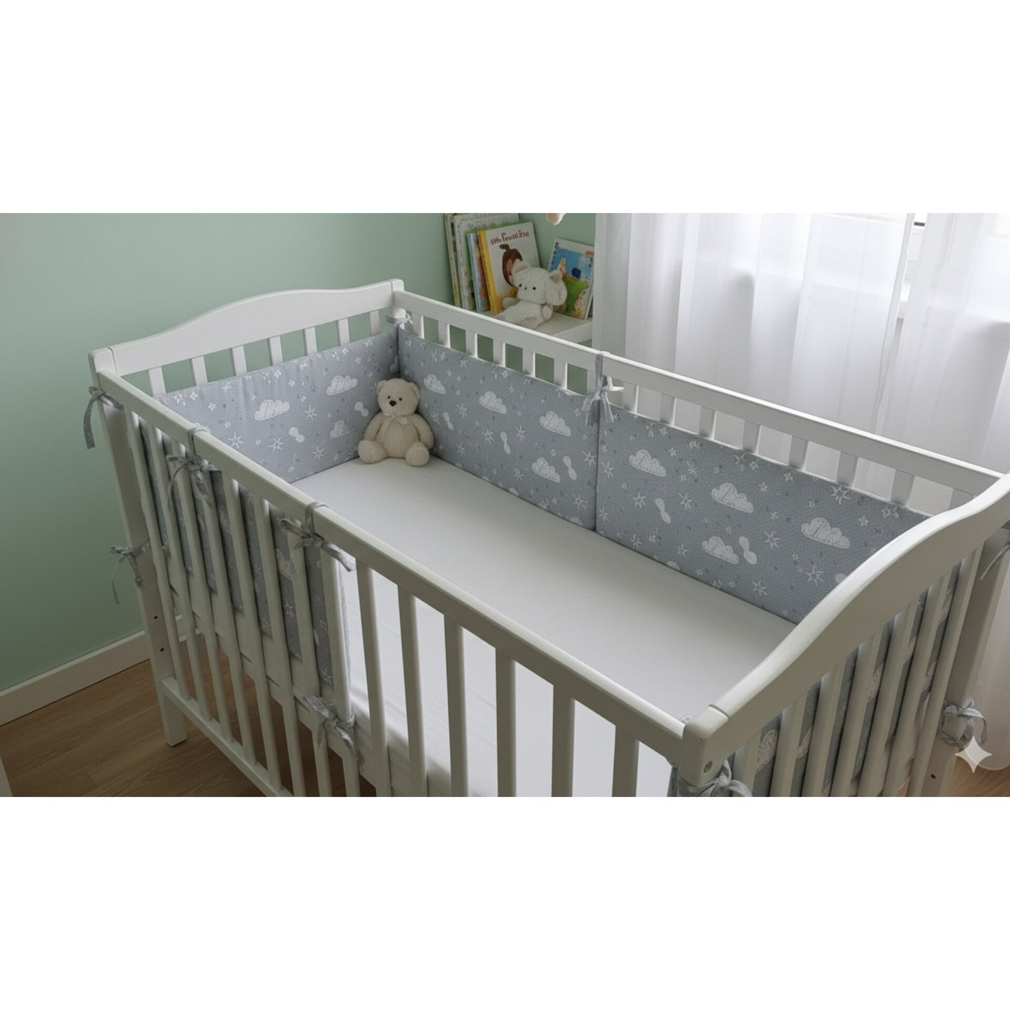 Bumper para cuna de bebe, nubes y estrellas