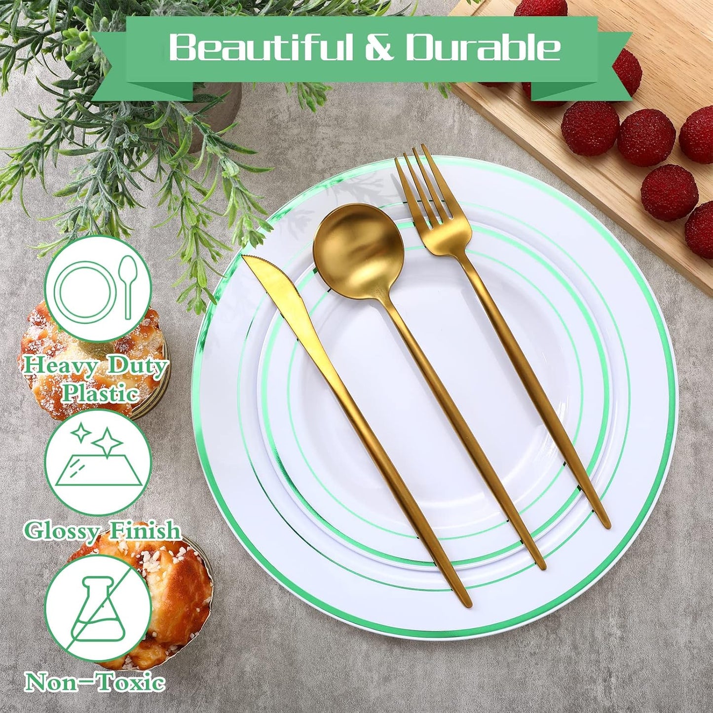 Juego de 50 platos de plástico desechables de 10.25 y 7.5 pulgadas, borde verde