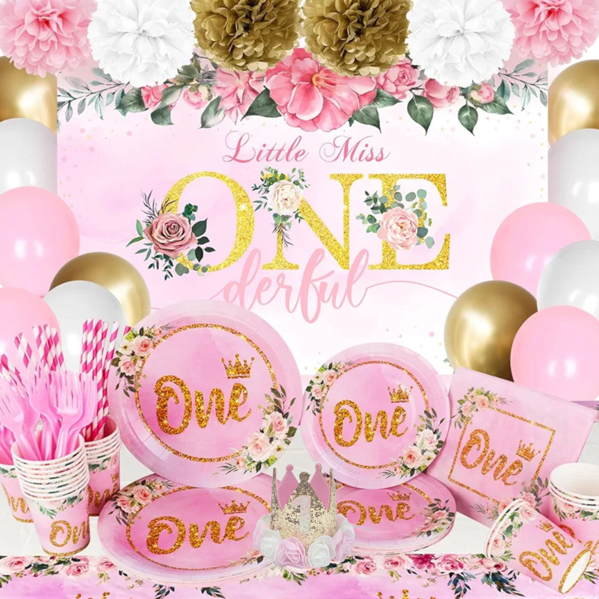 Vajilla de fiesta de cumpleaños de primer año niña, pompones, tela de fondo, 20 personas