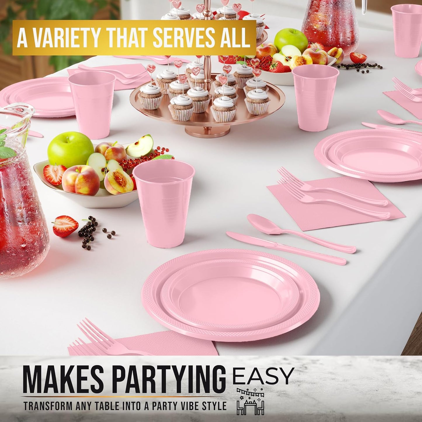 50 de cada plato de cena de 9 pulgadas, plato de postre de 7 pulgadas, vasos, servilletas y cubiertos, vajilla rosa