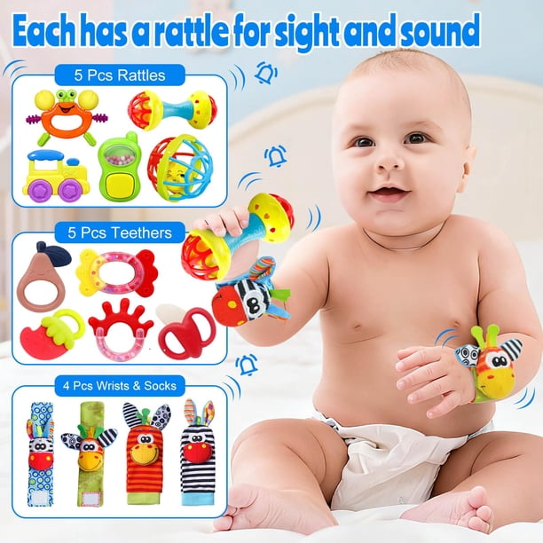 Juguetes para bebés, set de 14 piezas con sonajeros y mordederas, 0-12 meses
