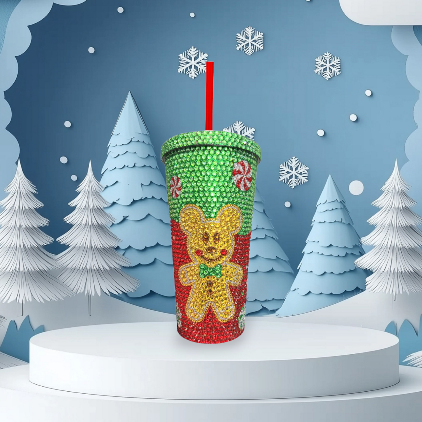 Vaso de acero inoxidable decorado con diamantes, 16.9 fl Oz, oso navideño