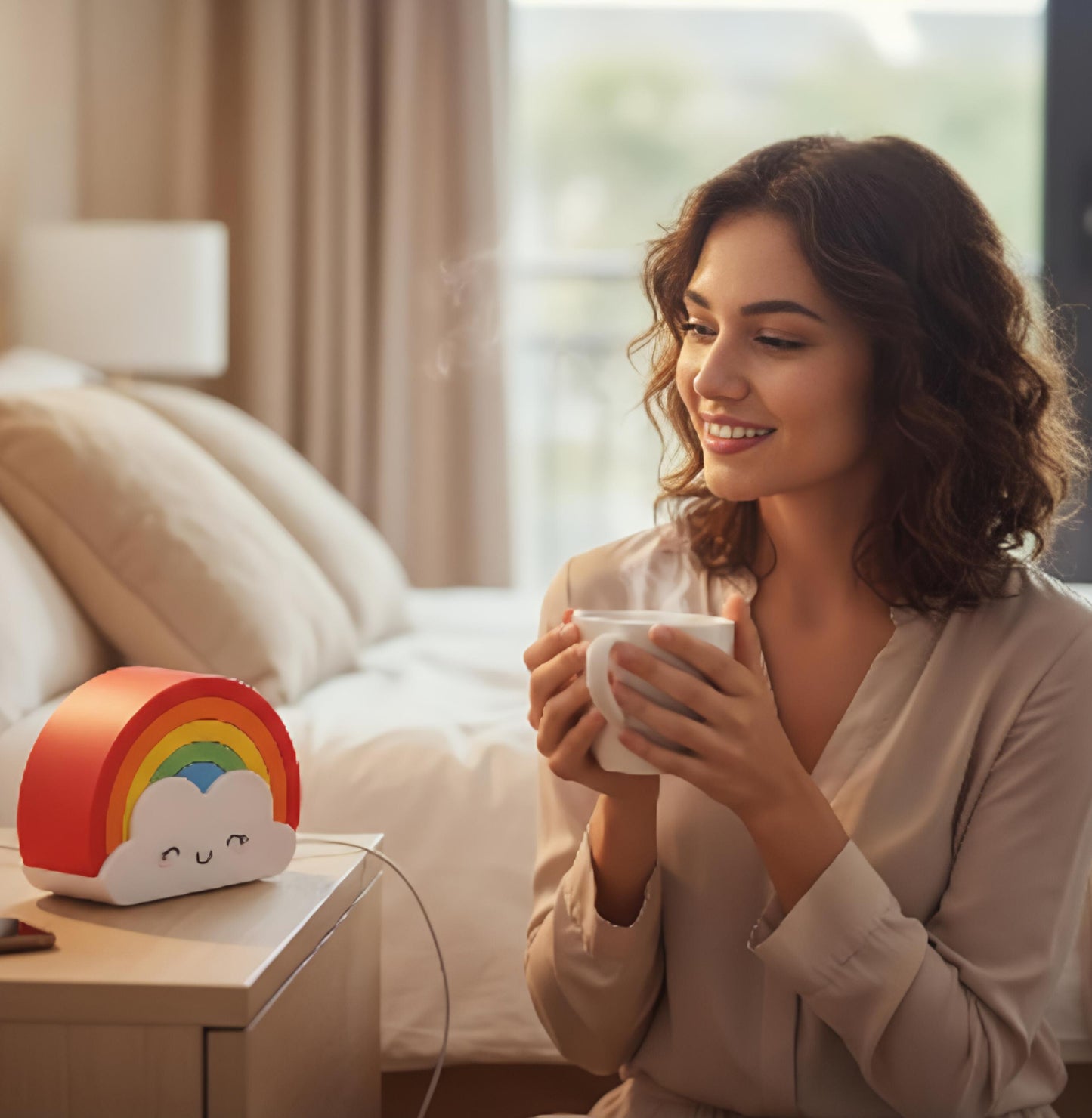 Altavoz portátil recargable por USB con cara sonriente de arcoíris y nubes