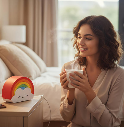 Altavoz portátil recargable por USB con cara sonriente de arcoíris y nubes