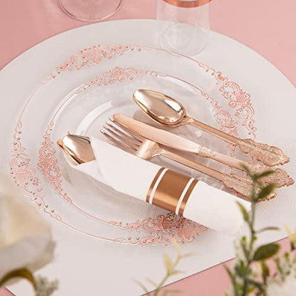 Platos de Oro Rosa Transparentes, 51 invitados