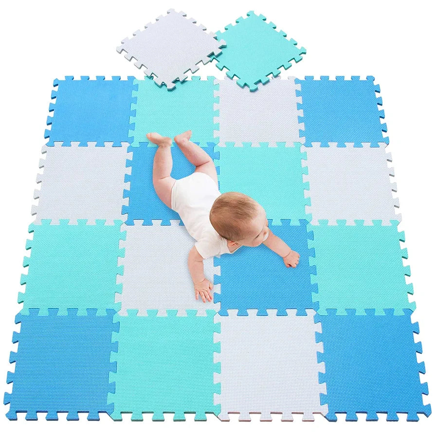 Tapete de juego de espuma para bebé, blanco, azul y verde, 18pcs 30x30cm