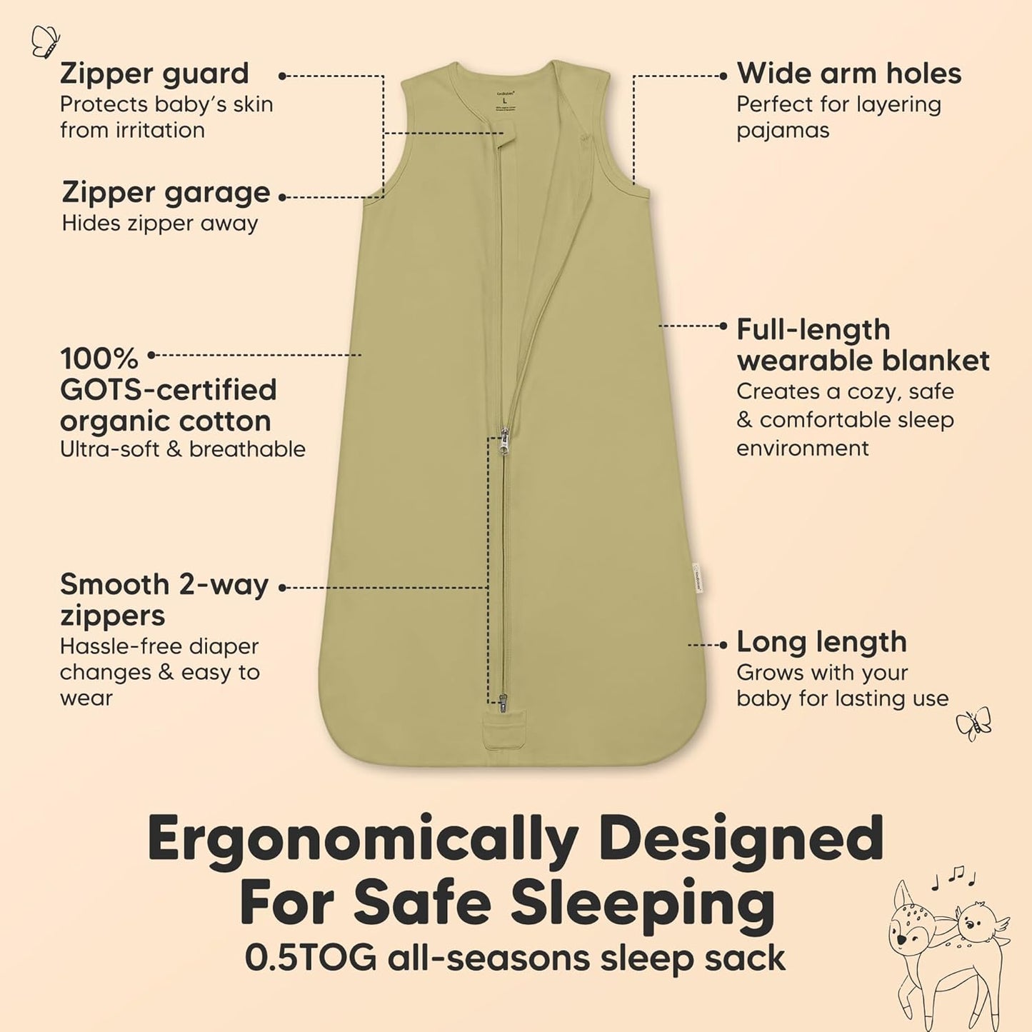 Keababies- Saco de dormir orgánico para bebé, 100% algodón, 5-15 meses, 0.5 TOG