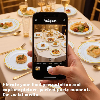 WELLIFE Juego de platos y cubiertos desechables dorados, 50 invitados